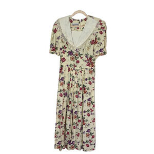 Vtg. SL Fashions Sz 14 Maxi Floral Cottage Coquette 80s/90s Bib Collar Lace READ